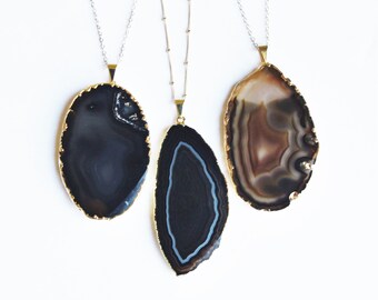 Long Pendant Necklace, Stone Necklace, Long Necklace, Agate Necklace, Boho Necklace, Layering Necklace, Agate Slice Statement Necklace