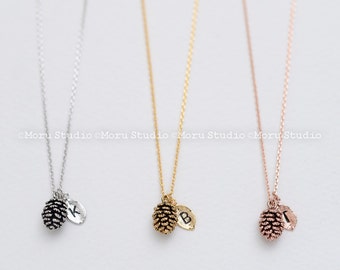 Dainty Pinecone Necklace, Initial Leaf Necklace, Mini Pinecone, Pine Cone Necklace,Nature Jewelry, Nature Necklace, Gold,Rose,Minimalist 048