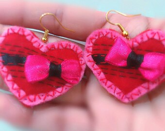 Earrings set,Handmade jewelry,Red heart earrings,Love earrings,Gift for her,Teen gift,Bow earrings,Pink earrings,Unique gift,Heart,