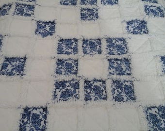 Dark Blue & White Rag Lap Quilt