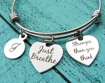recovery bracelet, encouragement strength gift, stronger than you think, aa sobriety gift, strong women, survivor gift, just breathe jewelry