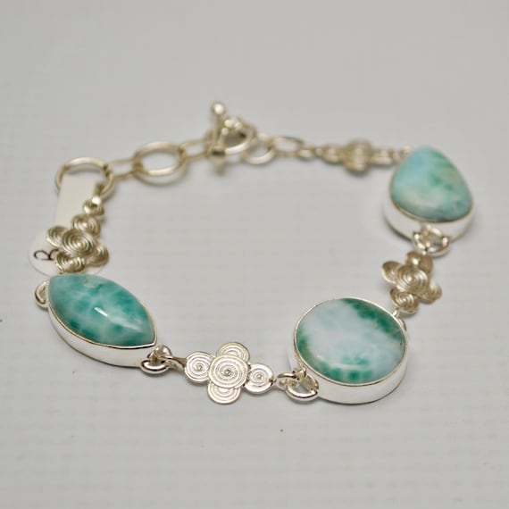 Sterling Silver Three Stone Larimar with Design Bracelet #7151