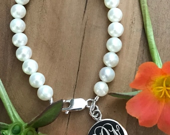 Monogrammed Pearl Freshwater Bracelet with Sterling Silver Charm