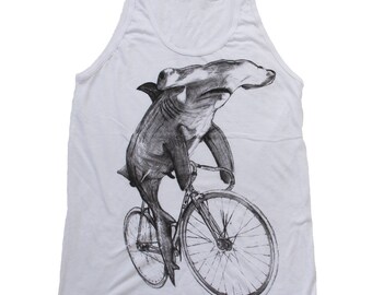 Hammerhead on a Bike- Unisex Tank Top, Mens Tank, Handmade graphic tank, sizes XS-XL
