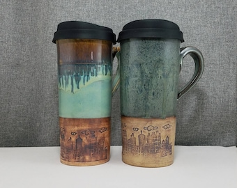 IN STOCK* Pottery Travel mug / Commuter mug with silicone lid - Coral Blue - Turquoise - Cityscape