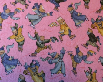 42 X 20 Skating Bears Print on Bright Pink Cotton Flannel Fabric Remnant