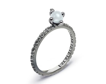 White Pearl Stackable Ring in Black Rhodium - 925 Silver Ring, Silver Jewelry, White Pearl Jewelry, White Pearl Silver Ring | rarara | rara