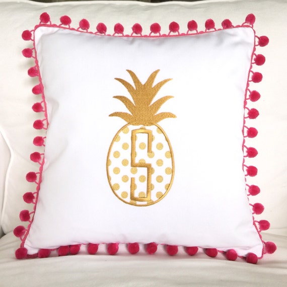 Items similar to Monogrammed Pineapple Pom Pom Pillow Cover on Etsy
