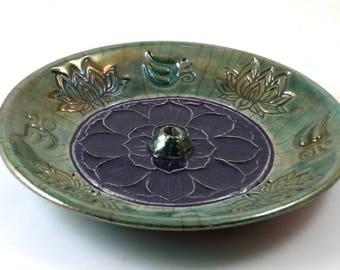 Lotus-Aum Incense Burner Handmade Raku Ceramic Pottery