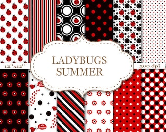 LADYBUGS SUMMER Red and Black digital paper Ladybug papers Printables scrapbook papers Printable ladybugs Instant download 12"x12" #P076