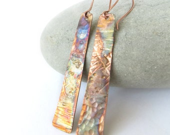 Copper Earrings, Long Copper Earrings, Copper Anniversary Gift, Flame Painted Earrings, Textured Copper, Rustic Earrings, UK Sellers Only