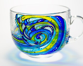 Coffee Gift Mug, Blue Large Coffee Mug, Sailor Gift, Beach Summer Gift, Glass Tea Mug, Gift for surfer