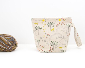 Sock project bag, birds in a park small knitting bag with snaps, one skein crochet organiser