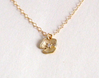 Gold Flower Necklace, Tiny Flower Necklace, Gold/Crystal Flower Necklace, Dainty Gold Necklace, Gold Layering Necklace - 14K Gold Fill Chain