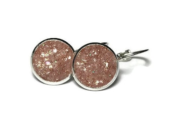 rose gold druzy, druzy earrings, lever back earrings, geode earrings, hypoallergenic, crystal earrings, under 10 dollars, druzy jewelry