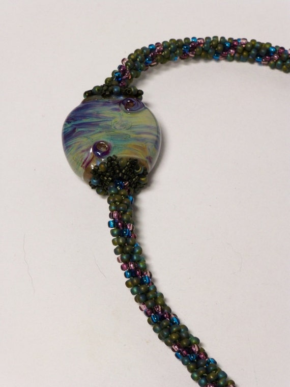 Set Matte Olive Rainbow Kumihimo Necklace with Lampwork