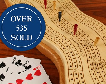 Best Cribbage Board, 3 player Premium Cribbage Board, 16.5"L x 6"W x 2"H, Two Tier, Maple Top/Cherry Bottom, Laser Engraved, Paul Szewc