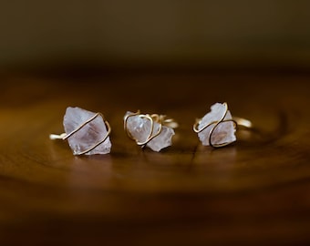 Raw Rose Quartz Ring – Wire Wrapped Crystal – Rose Quartz Jewelry – Healing Crystal – Free Spirit - Boho - Bohemian - Gift - Pine and Blush