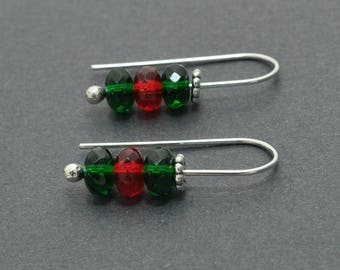 Christmas Earrings, Xmas Earrings, Sterling Silver Hoops, 20 Gauge, Ear wires, Red and Green