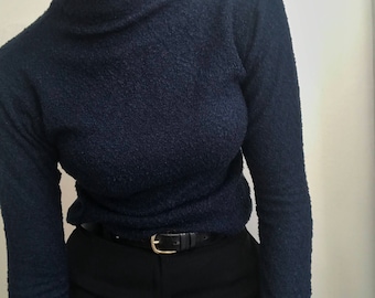 90's Vintage Dark Blue Mock Neck Top with Granular Texture