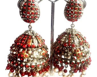 Red & Gold Jhumka Earrings,Large Dome style Earrings Jhumkas,Silver gold Jhumka earrings,PEARL JHUMKA EARRINGS by Taneesi Xj769R