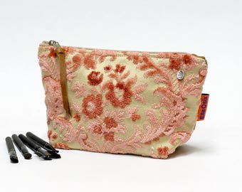 Pink Velvet Cosmetic Bag - Makeup Bag - Zipper Pouch - Toiletry Bag - Handmade from vintage fabric and canvas by EllaOsix