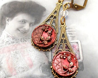 1800s BUTTON earrings, Victorian flowers on brass. Antique button jewellery.