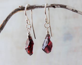 Raw January Birthstone Jewelry, Raw Garnet Earrings Rose Gold Filled, Silver, Gold Filled, Raw January Birthstone Gift Raw Red Stone Jewelry
