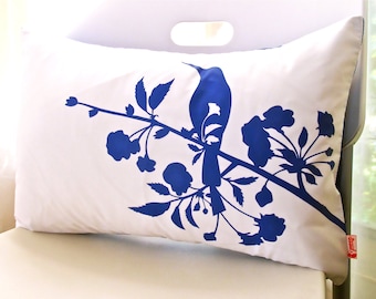 Sale Cobalt Blue Print on White Blooming Blossom Rectangle Pillow