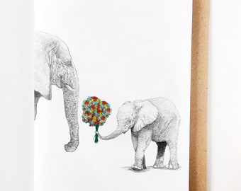 Mama Elephant & Calf | Sweet Mother's Day Card, Mom Birthday Card, Handmade, Fête des mores, Madre, Muttertag, Card for mom, Thanks Mom