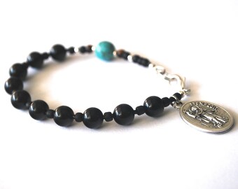 St Expedit Mens Rosary Bracelet, Black Onyx, Tigers Eye + Turquoise Magnesite Catholic Bracelet, Confirmation Gift, Boys confirmation Gift.