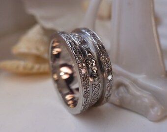 Diamond Claddagh Eternity Band - 14k White Gold - Size 5-5-1/2 - Solid White Gold Band with Two Tiered Diamond Bands - Classic and Romantic