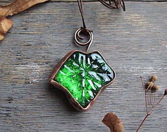 Big Green Glass Pendant Copper Leaf Necklace Boho Rustic Pendant Glass Copper Jewelry Earthy Boho Rustic Jewelry Bohemian Botanical Necklace