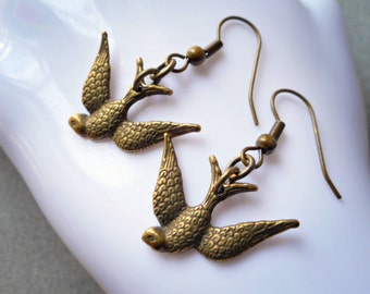 Swallow earrings, swallow jewelry, swallow bird earrings, antiqued brass, bronze, earrings handmade jewelry flying soaring swallow bird