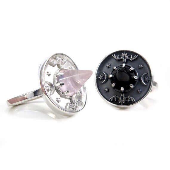 Best B(W)itches Witch Hat Rings with Bats, Moons and Stars, Onyx and Rose Quartz - Limited Edition