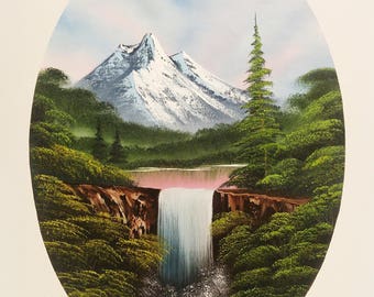 Oval oil landscape painting with waterfall