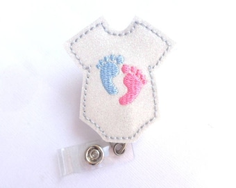 Retractable badge holder - Baby Love - white glitter vinyl bodysuit with baby feet - pediatrician nurse labor delivery midwife - badge reel