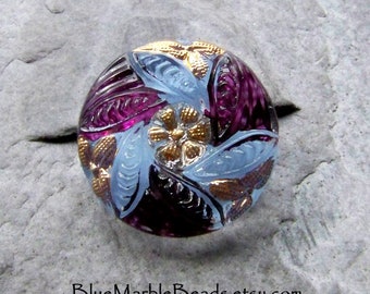 Flower Button, Leaf Button, Reverse Painted, Czech Glass Button, Vintage Button, Blue And Purple, Small Button, Spring Button, 1 Button