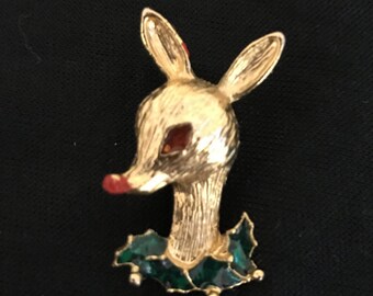 Vintage Gold and Enamel Rudolph the Red Nosed Reindeer