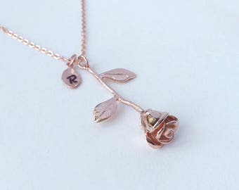 Rose Necklace, rose flower leaf, Anniversary Gift, Personalized Bridesmaid gift, Initial Necklace, Valentine Gift,Lovely Flower, Lovers gift