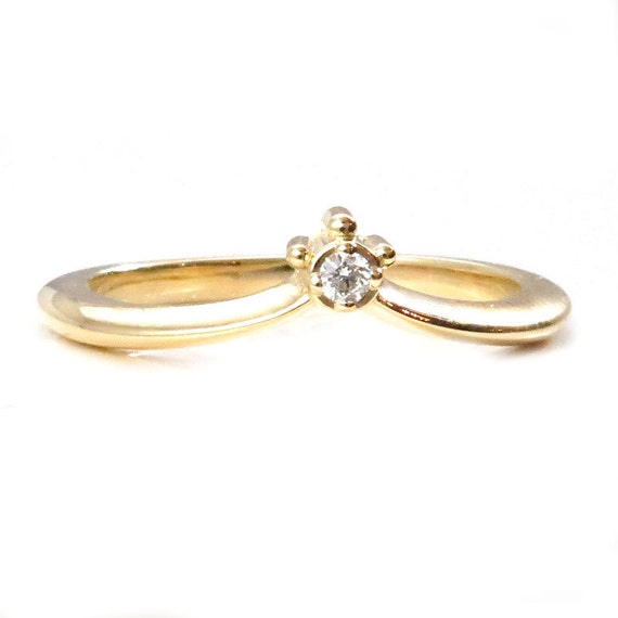 Tiny Diamond Curved Crown Ring - Modern Wedding Band - Yellow, Rose or Palladium White Gold