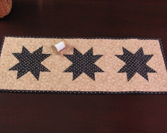Quilted Table Runner Blue Stars Reversible Homespun Check 9 x 24 Country Primitive Farmhouse Decor Handmade Quilt for Sale