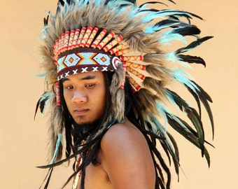 ON SALE Turquoise feather headdress, short length, Indian Inspired headdress , warbonnet native american style