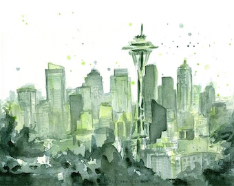 Seattle Watercolor Painting, Seattle Art Print, Green Space Needle, PNW Cityscape, 12th Man Art, Seattle Skyline Watercolor