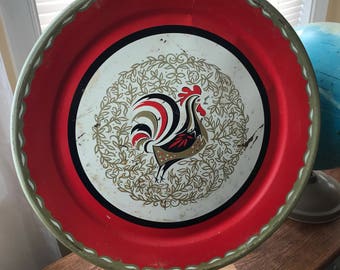 Vintage 1950's Latge Round Metal Tray with Rooster