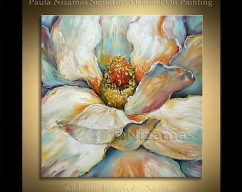 Acrylic and Oil large Magnolia Painting on canvas PALETTE KNIFE original extra heavy texture art ready to hang By Paula Nizamas