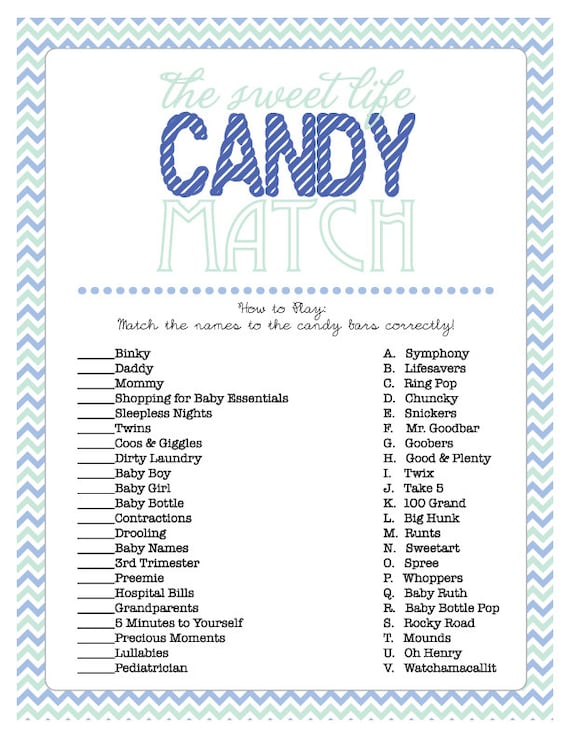 Baby Shower Game Sheet for The Sweet Life Candy Match Candy