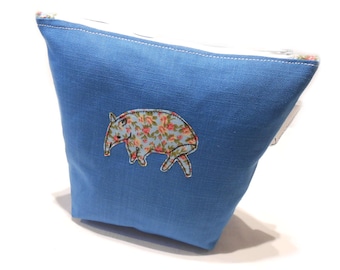 Blue Makeup Bag, Tapir Pencil Case, Tapir Cosmetic Bag, Floral Tapir, Floral Makeup Bag