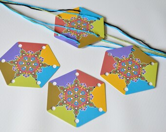 Pixel Flower Hex Cards Set of 24 Cards Original Design for Card Tablet Weaving 6 Holes Hexagon Double Sided Colorful Cardstock UV Coated