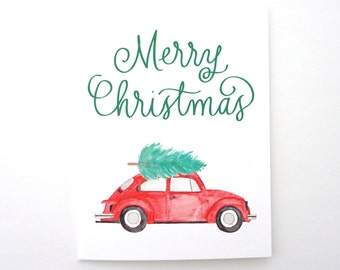 Volkswagen Beetle Merry Christmas card. VW bug Christmas tree card. Red VW beetle bug.